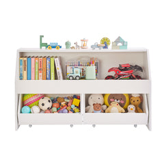 Toy Storage Organizer, Wooden Kids Bookshelf with Storage, Toy Storage Cabinet with 2 Mobile Drawers, Kids Storage Organizer for Bedroom, Nursery, Living Room, Entryway, Preschool, White