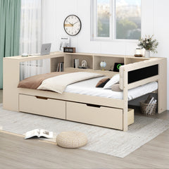 Wood Full Size Platform Bed with Storage Shelves, Drawers, Charging Station and Upholstered Headboard, Cream