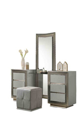 Glam Style 1pc Vanity Set w/ Stool Plinth Base Silver Molding Glass Top LED On Headboard And Mirror Gray Finish Bedroom Furniture