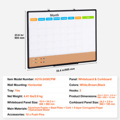 36"x 24" Monthly Calendar Whiteboard & Cork Board Combo with Aluminum Frame Bulletin Board