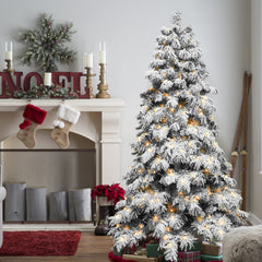 7ft Flocked Scarecrow-Shaped Christmas Tree with 360 Warm White LED Lights, 890 PVC Memory Wire Tips,Power Pole & Hinged Structure – Realistic Snowy Holiday Tree