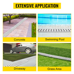 Trench Drain System, Channel Drain with Metal Grate, 5.7x3.1-Inch HDPE Drainage Trench, Black Plastic Garage Floor Drain, 5x39 Trench Drain Grate, with 5 End Caps, for Garden, Driveway-5 Pack