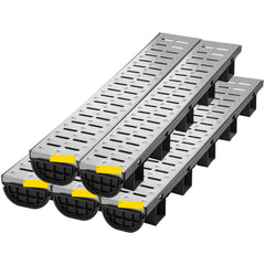 Trench Drain System, Channel Drain with Metal Grate, 5.7x3.1-Inch HDPE Drainage Trench, Black Plastic Garage Floor Drain, 5x39 Trench Drain Grate, with 5 End Caps, for Garden, Driveway-5 Pack