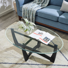 48 Inch Oval Glass Coffee Table, Black Round Coffee Table Center Table with Glass Top, Small Coffee Table for Living Room, Office and Apartment