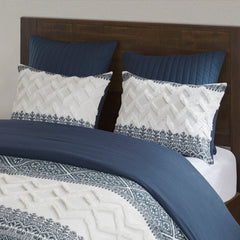 3 Piece Cotton Comforter Set with Chenille Tufting Navy Full/Queen