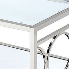 Paire 47 Inch Coffee Table, Glass Top, Mirrored Bottom Shelf, Metal Accents