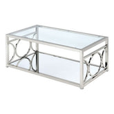 Paire 47 Inch Coffee Table, Glass Top, Mirrored Bottom Shelf, Metal Accents