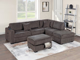 Chocolate Fur-Like Corduroy Sectional Sofa Reversible Chaise Sofa w USB Storage Ottoman Upholstered Couch Pillows 3pc Set Living Room