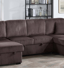 Chocolate Finish Convertible Sectional Upholstered Corduroy 3pc RAF And LAF Storage Chaises Pull Out Middle Section Pillow Included Primary Living Room