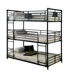 Twin Over Twin Over Twin Bunk Bed Industrial Style Metal Structure Attached Dual Ladder Upper Guard Rails Pipe Framework Antique Black Finish