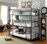 Twin Over Twin Over Twin Bunk Bed Industrial Style Metal Structure Attached Dual Ladder Upper Guard Rails Pipe Framework Antique Black Finish