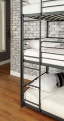 Twin Over Twin Over Twin Bunk Bed Industrial Style Metal Structure Attached Dual Ladder Upper Guard Rails Pipe Framework Antique Black Finish
