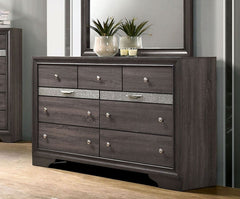 Gray Color Dresser w Mirror Set Hidden Jewelry Drawer English Dovetail Silver Accents Round Knobs Bedroom Furniture