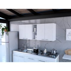 Wall Cabinet 24" H, Four Doors, Two Open Storage Shelves, Two Internal Shelves, Internal Dish and Glass Organizer, White