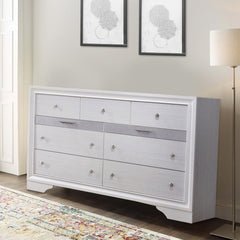 Wooden Dresser with 7 Drawers and 2 Jewelry Drawer, White and Silver