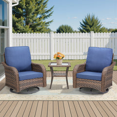 3 Pieces Outdoor Furniture Set, Outdoor Swivel Gliders Rocker, Wicker Patio Bistro Set with Side Tablerd for Porch Deck Backyard, Blue