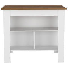 Kitchen Island, kitchen table 35" H, Four Legs, Three Open Storage Shelves, White / Walnut
