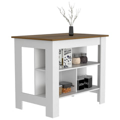 Kitchen Island, kitchen table 35" H, Four Legs, Three Open Storage Shelves, White / Walnut