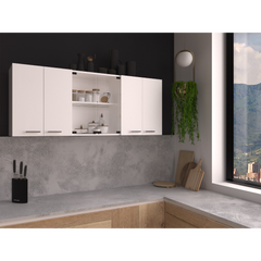 Wall cabinet 24" H, four Doors, with two internal Shelves and internal plate and glass organizer, two Storage Shelves with two glass Doors, White