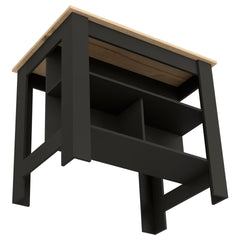 Kitchen Island, kitchen table 35" H, Four Legs, Three Open Storage Shelves, Black / Light Oak