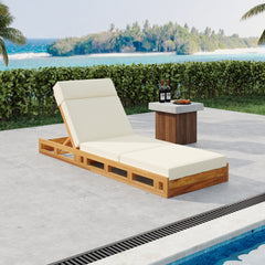LOUNGE CHAISE SET WITH HEADREST, ACACIA WOOD WITH WATER-RESISTANT LOUNGE CUSHIONS (BEIGE & 3-FOLD & 4 inch) - MATCHING DARK GREY/CREAM VERSION AVAILABLE