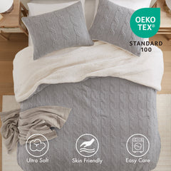 3 Pieces Full/Queen Cable Knit Chenille Comforter Set,Gray