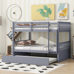 Full Over Full Rubber Wood Bunk Bed with Trundle, Ladder and Guardrails, Convertible to 2 Full Size Beds, with Twin Size Trundle ,Grey