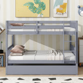 Full Over Full Rubber Wood Bunk Bed with Trundle, Ladder and Guardrails, Convertible to 2 Full Size Beds, with Twin Size Trundle ,Grey