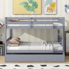 Full Over Full Rubber Wood Bunk Bed with Trundle, Ladder and Guardrails, Convertible to 2 Full Size Beds, with Twin Size Trundle ,Grey