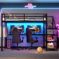 Full Loft Bed with Desk and Storage Stairs, Metal Loft Beds with LED Lights, USB Ports, Multifunctional Iron Nets, No Spring Box Needed and Noise-free, Black