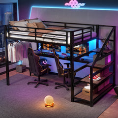 Full Loft Bed with Desk and Storage Stairs, Metal Loft Beds with LED Lights, USB Ports, Multifunctional Iron Nets, No Spring Box Needed and Noise-free, Black