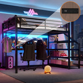Full Loft Bed with Desk and Storage Stairs, Metal Loft Beds with LED Lights, USB Ports, Multifunctional Iron Nets, No Spring Box Needed and Noise-free, Black
