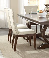 Modern Traditional Side Chairs Set of 2 Off-White Fabric Upholstered Back Seat Nailhead Trim Dark Cherry Finish Wooden Dining Furniture