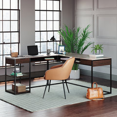 L-Shaped Desk with Five-Shelf Bookcase, Brown finish