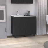 2 Freestanding Utility Base Cabinet with Stainless Steel Countertop and 2-Door, Black