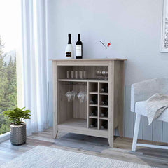 Bar Cabinet Castle, One Open Shelf, Six Wine Cubbies, Light Gray Finish