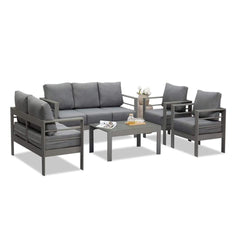 5-Piece Modern Aluminum Patio Conversation Set, 7-Seat Outdoor Sofa with Thick Dark Gray Cushions & Gray Frame and Coffee Table