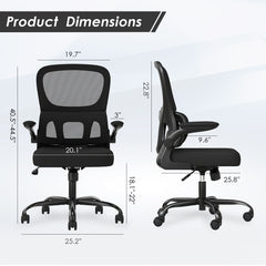 Office Chair, Mesh Ergonomic Office Chair with Lumbar Support, Comfy Computer Desk Chair with Flip Armrest Rolling Wheels for Home Study Room Office, Black & Black