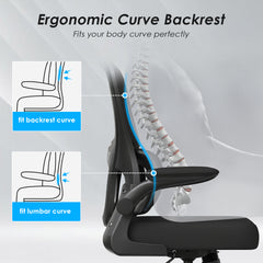 Office Chair, Mesh Ergonomic Office Chair with Lumbar Support, Comfy Computer Desk Chair with Flip Armrest Rolling Wheels for Home Study Room Office, Black & Black