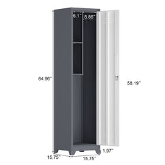 Metal Broom Storage Cabinet, 65" Narrow Broom Cabinet With Hooks, Slim Bathroom Storage Cabinet With Shelves, Heavy-Duty Cleaning Storage Cabinet For Utility Room, Gym, Office, Garage, Utility Shelves