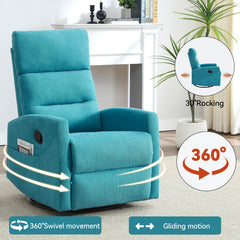 Manual Recliner Chair with Rocker and Swivel in Fabric for Living Room, Blue