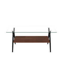 Rectangle Coffee Table with Tempered Glass top and Black Metal Legs, Modern Table for Living Room , Transparent Glass