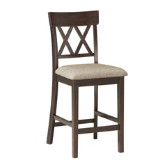 Dark Brown Finish Counter Height Chairs 2pc Set Double X-Back Design Lenin-like Fabric Padded Seat Dining Furniture