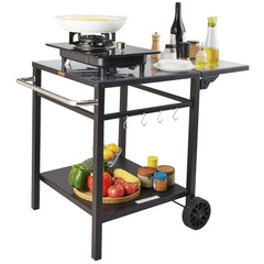 Outdoor Grill Dining Cart with Double-Shelf, BBQ Movable Food Prep Table, Multifunctional Foldable Iron Table Top, Portable Modular Carts for Pizza Oven, Worktable with 2 Wheels, Carry Handle