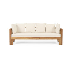 Outdoor Extendable Acacia Wood 3 Seater Sofa, Upholstered Cushion Couch, Daybed Sofa Chair, Spacious Seating Lounge Chair, Patio Daybed Sofa for Garden Yard