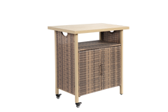 Outdoor Wicker Bar Cart, Patio Wine Serving Cart w/Wheels , Rolling Rattan Beverage Bar Counter Table w/Glass Top for Porch Backyard Garden Poolside Party, Beige