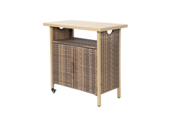 Outdoor Wicker Bar Cart, Patio Wine Serving Cart w/Wheels , Rolling Rattan Beverage Bar Counter Table w/Glass Top for Porch Backyard Garden Poolside Party, Beige