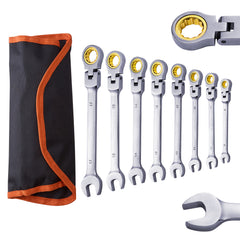 Flex-Head Ratcheting Wrench Set 8 PC Metric 8 mm-17 mm with Roll-up Pouch