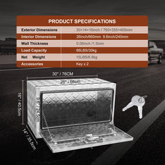 Underbody Truck Box, 30"×14"×16" Pickup Storage Box, Heavy Duty Aluminum Diamond Plate Tool Box with Lock and Keys, Waterproof Trailer Storage Box with T-Handle Latch for Truck, Van, Trailer