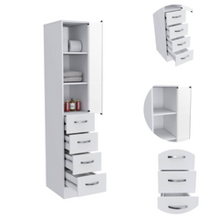 Linen Cabinet 68" H, Three Shelves, Four Drawers and Metal handles, White